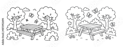 Line art picnic scene with trees, table, butterflies, and bushes