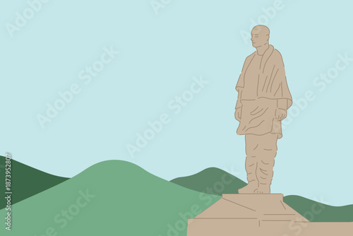 Flat vector illustration of a large monument statue in Gujarat, India, shown in a calm landscape setting. A respectful and modern representation of Indian cultural heritage, suitable for educational, 