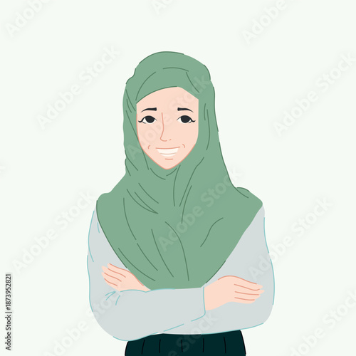 Soft flat vector illustration of an Indonesian woman wearing a hijab. A calm and modern portrait representing everyday life, identity, and diversity. Suitable for themes related to women