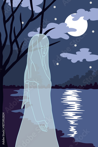 Atmospheric vector illustration inspired by the legend of La Llorona, depicting a ghostly female figure near a river at night. A poetic and mystical interpretation of Mexican folklore, avoiding horror