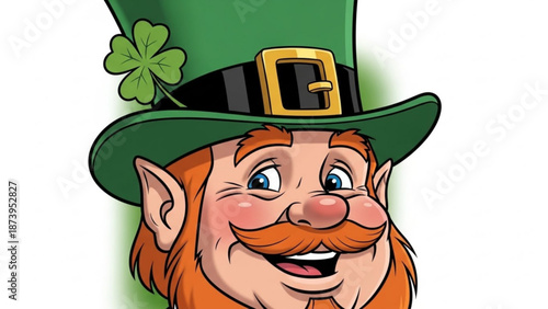 A cheerful cartoon leprechaun with red hair and beard wearing a green hat with a gold buckle and shamrock on st patricks day with irish and luck