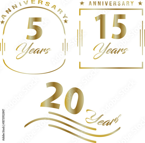 5周年・15周年・20周年を祝うゴールドアニバーサリーデザインセット｜高級感のある周年記念ロゴ・フレーム・バッジ装飾｜企業実績・表彰・記念イベント・キャンペーンに使えるエレガントな数字エンブレム素材