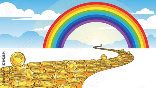 A vibrant rainbow leads to a treasure trove of gold coins under a bright blue sky with fluffy white clouds symbolizing prosperity and good fortune in a whimsical