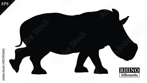 Black silhouette of rhinoceros isolated on white background, Beautiful rhinoceros logo icon vector design, standing, rhino silhouette vector illustration, vector. Black rhino Silhouette logo design 