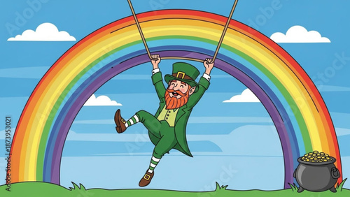 A cheerful leprechaun in green suit swings on ropes under a vibrant rainbow with a pot of gold at the end on a sunny day with fluffy white clouds