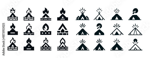 Collection of campfire and tent icons in various styles