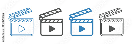 Video and film shooting icon set, camera, clapboard & film symbols for app, website, design element on transparent background 