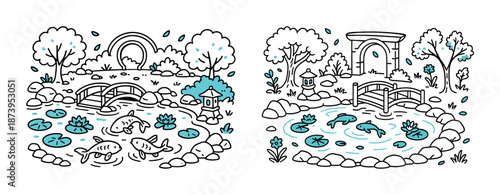 Japanese garden with koi fish, bridge, and lanterns in serene landscape illustration