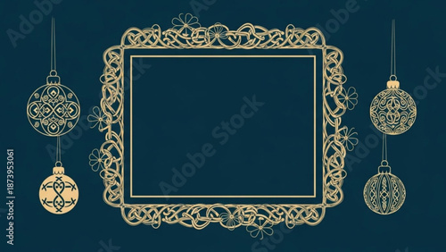 Elegant gold christmas ornaments and ornate frame on dark blue background for holiday greeting cards and festive designs with decorative and winter