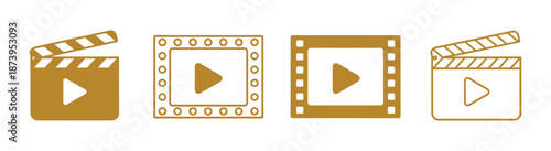 Video and film shooting icon set, camera, clapboard & film symbols for app, website, design element on transparent background 