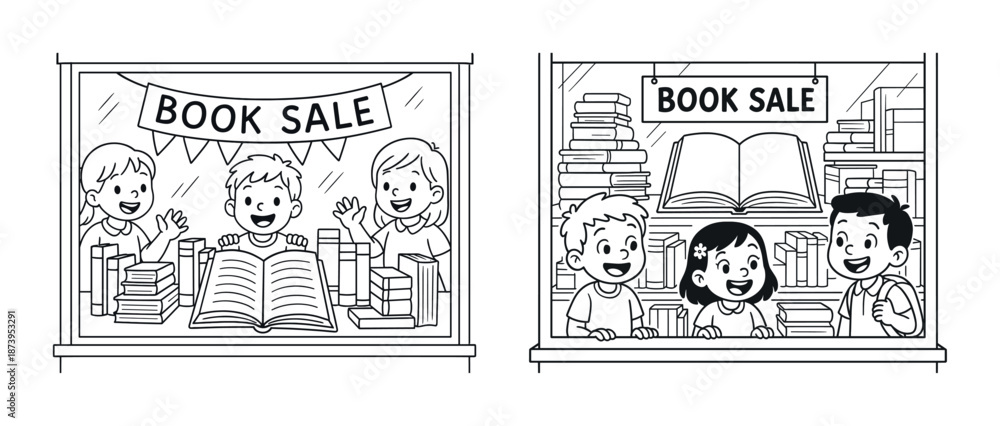 Fototapeta premium Kids enjoying book sale illustration with smiling children at storefront
