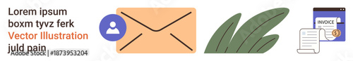 Business communication, invoicing, nature-inspired design, digital correspondence, financial transactions, organization. Visual includes envelope icon, invoice and abstract leaves. Business