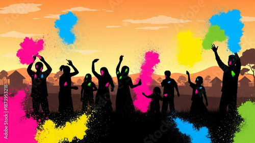 Group of people celebrating holi festival with colorful powder in the air at sunset with celebration and vibrant colors and joyful and festive