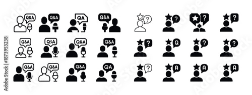 Q&a icons set featuring people with speech bubbles and microphones in black and white