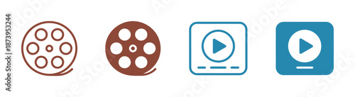 Video and film shooting icon set, camera, clapboard & film symbols for app, website, design element on transparent background 