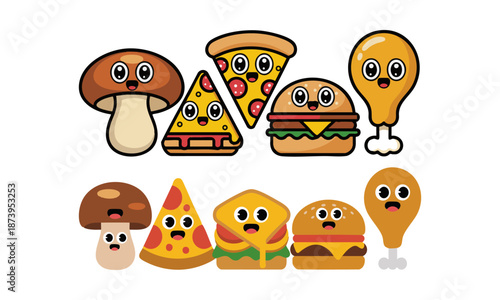 Cute food characters flat cartoon vector illustration, easily editable.
