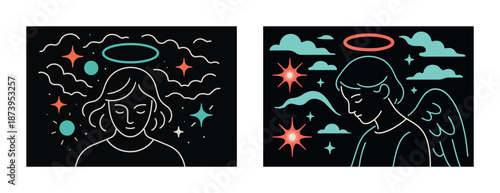 Line art angelic male and female figures with halos and cosmic elements