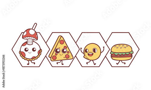 Cute cartoon food characters collection vector illustration, easily editable.