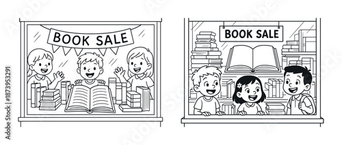 Kids enjoying book sale illustration with smiling children at storefront