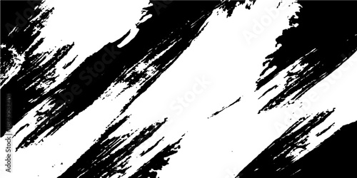 An abstract black and white grunge background featuring an artistic vector design with ink splatters, paint strokes, and a rough dirty texture framed by a grungy border element
