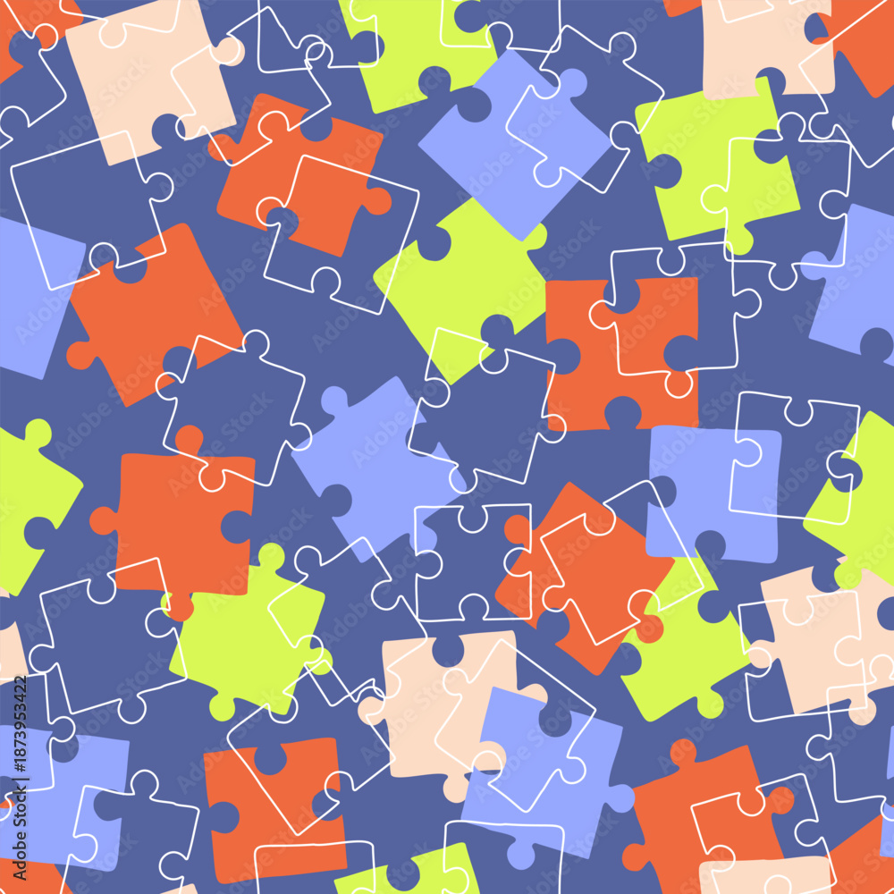 Naklejka premium Vibrant pattern with puzzle pieces. Multicolored bright puzzles. Great background for packaging, covers, and wallpaper. Vector illustration
