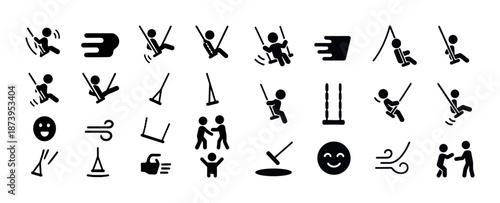 Playful swing icons set: children swinging, smiling faces, and fun activities