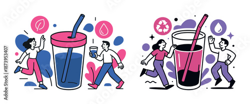 Cartoon characters with reusable cup and straw promoting eco-friendly lifestyle