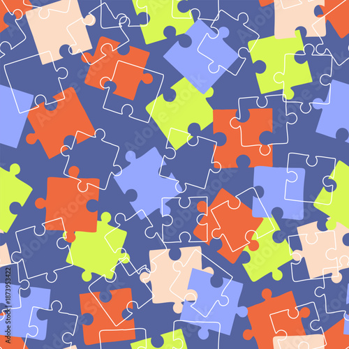 Vibrant pattern with puzzle pieces. Multicolored bright puzzles. Great background for packaging, covers, and wallpaper. Vector illustration