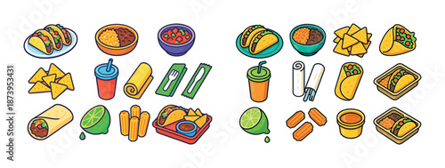 Colorful assortment of mexican food items including tacos, nachos, burrito, and lime slices