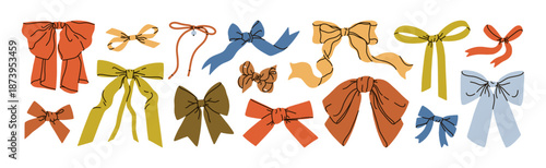 Elegant bows and ribbons set. Festive textile design elements, knot tie decorations for gifts of hair. Coquette accessories in feminine style. Drawn vector illustrations isolated on white background