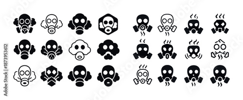 Collection of gas mask icons in various styles and expressions