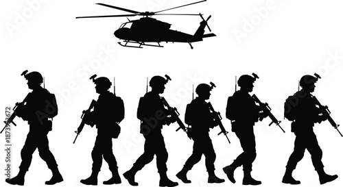 Black silhouette of military helicopter and six special forces soldiers with rifles marching in line isolated on white background for army defense and warfare