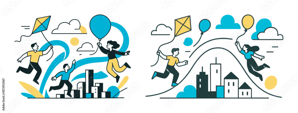 Obraz premium Colorful urban scenes with people flying kites and balloons