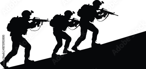 Black silhouette of three military soldiers in tactical gear with rifles climbing up a hill isolated on white background for army defense concepts