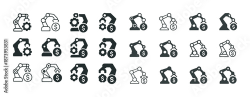 Set of industrial robotic arm icons featuring gear and dollar symbols