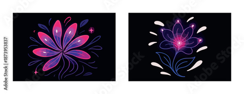 Neon floral digital art: vibrant abstract flowers on black background