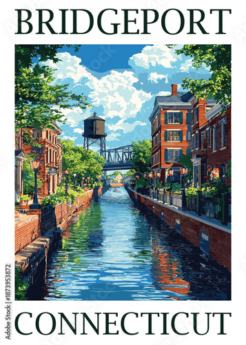 Charming Bridgeport, Connecticut canal scene vector illustration with brick buildings, lush trees, a vintage water tower, and a pedestrian bridge creating a picturesque New England town atmosphere.