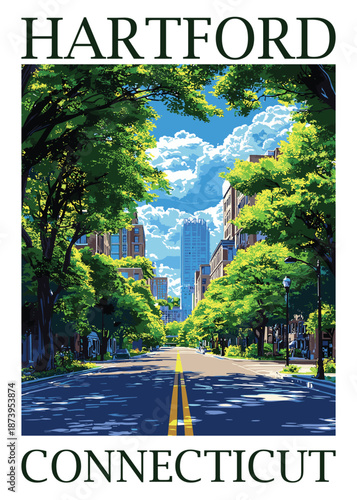 Vibrant Hartford, Connecticut street view vector illustration with tall buildings, mature trees, and a clear blue sky, showcasing a lively urban thoroughfare with sunlight casting shadows.