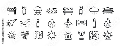 Military icons: weapons, explosions, tanks, and aircraft in outline style