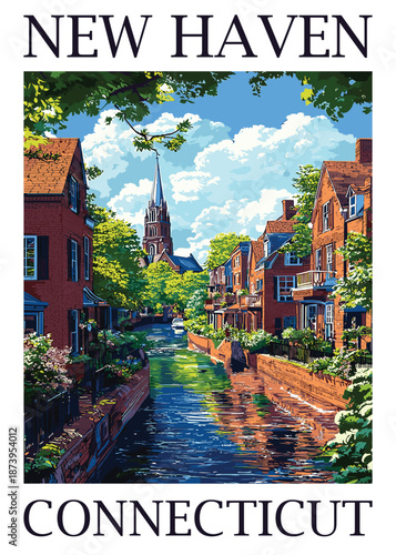 Vector illustration of a picturesque canal in New Haven, Connecticut, with charming brick buildings, lush trees, and reflections on the water under a bright sky.