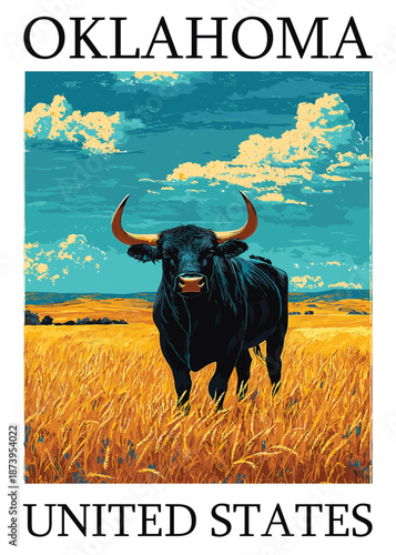 Vector illustration of a majestic bull in a golden wheat field under a dramatic Oklahoma sky with textured clouds, symbolizing the American West.