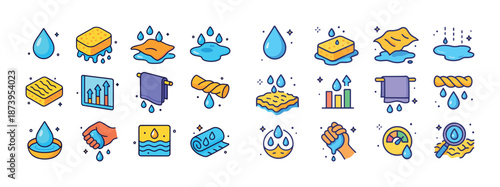 Colorful water-themed icons featuring sponges, towels, and graphs