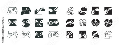 Stylized icons of hand gestures in minimalist black and white design