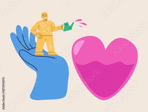 Boy fills heart with liquid. Colorful vector illustration