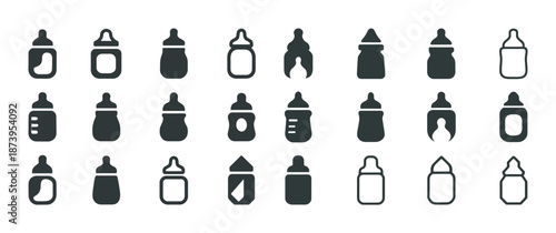 Set of baby bottle silhouettes in various shapes and styles