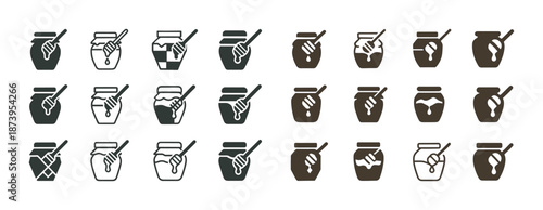 Honey jar icons set with dipper sticks in various styles