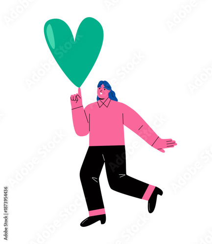 Business woman pointing heart. Work passion concept. Flat vector illustration isolated on white background