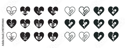 Heart icon variations with hands and bandages in black and white design