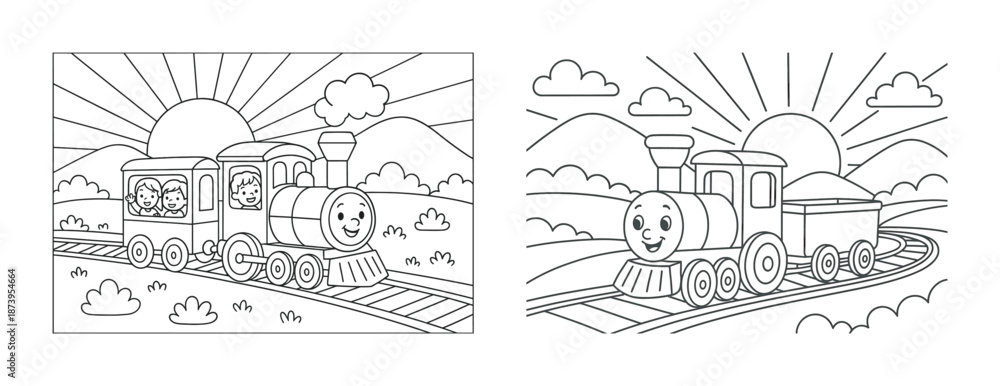 Naklejka premium Smiling train illustration with happy children and scenic background