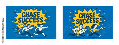 Dynamic cartoon duo chasing success with rocket and smartphone